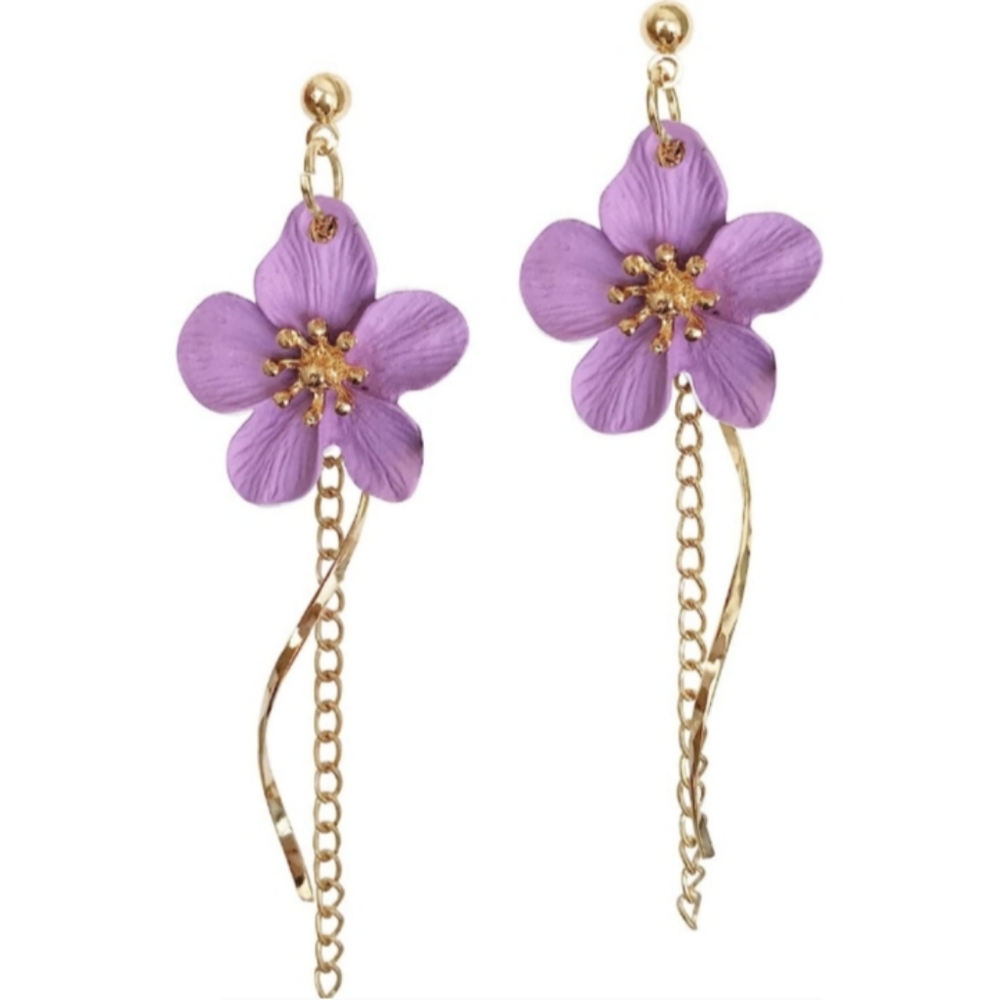 Lavender Matte Flower Post Earrings 3D Hibiscus Flowers Long Chain Dangle New